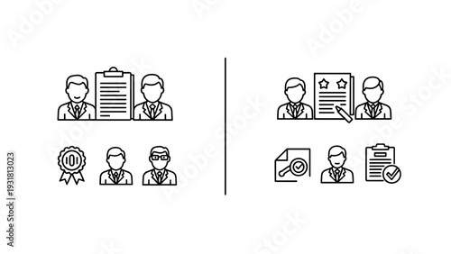 Icons depicting recruitment, quality control, and performance review, with people, checklists, and awards.