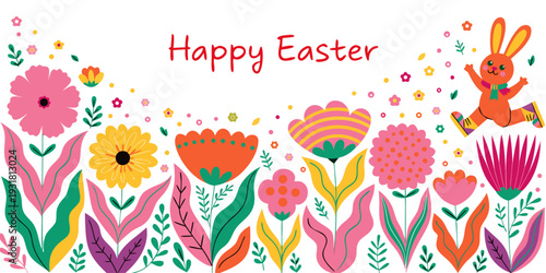Modern abstract flowers and leaves background with Happy Easter greetings and bunny. Springtime frame. Poster, Easter, Womens Day, Mothers Day, March 8, birthday, children’s art workshops. 