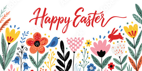 Modern abstract flowers and leaves background with Happy Easter greetings and bunny. Springtime frame. Poster, Easter, Womens Day, Mothers Day, March 8, birthday, children’s art workshops. 