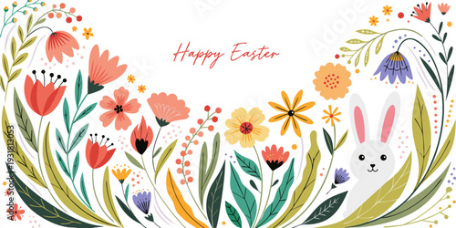 Modern abstract flowers and leaves background with Happy Easter greetings and bunny. Springtime frame. Poster, Easter, Womens Day, Mothers Day, March 8, birthday, children’s art workshops. 