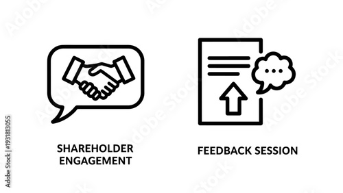 Shareholder engagement depicted with shaking hands inside a speech bubble, and feedback session icon with document and thought cloud.