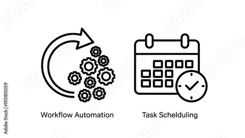 Workflow automation icon with rotating gears and arrow, and task scheduling icon with calendar and clock symbols.