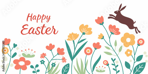 Modern abstract flowers and leaves background with Happy Easter greetings and bunny. Springtime frame. Poster, Easter, Womens Day, Mothers Day, March 8, birthday, children’s art workshops. 