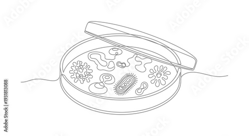 Petri Dish with Microorganisms, Bacteria, and Viruses - Continuous Line Drawing