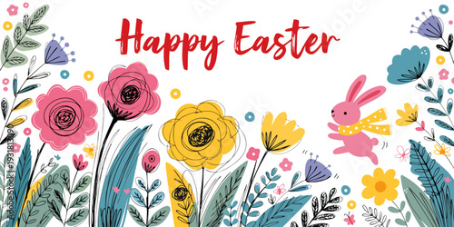 Modern abstract flowers and leaves background with Happy Easter greetings and bunny. Springtime frame. Poster, Easter, Womens Day, Mothers Day, March 8, birthday, children’s art workshops. 