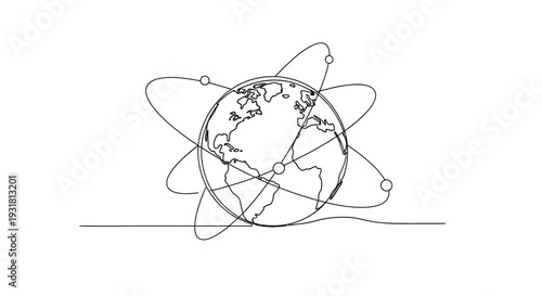 Global Network Orbiting Earth - Conceptual Line Art