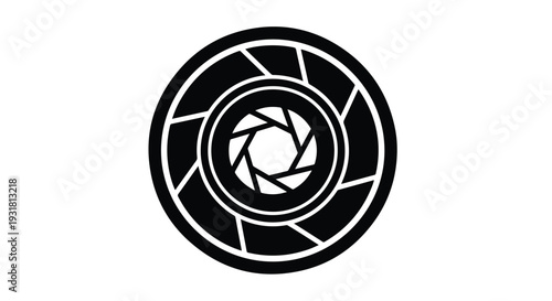 Black and white illustration of a camera lens on a plain white background