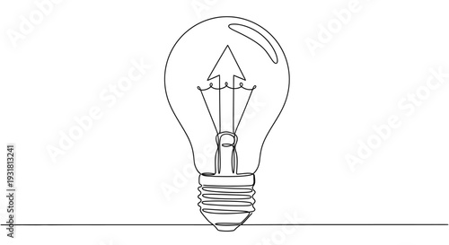 Single continuous line drawing of a light bulb with an arrow inside, symbolizing innovation and new ideas.