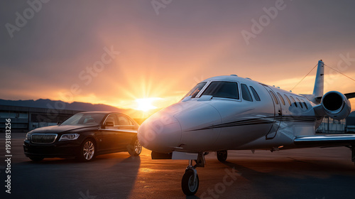 Private jet and luxury car parked on runway at sunset for private jet charter advertising banner promoting executive travel service and luxury airport transfer marketing