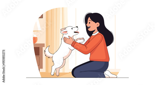 A woman kneeling and playfully interacting with a white pup in a joyful reunion, with a simple room background and a warm mood.