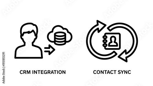Icons illustrating CRM integration with a person and cloud database, and contact sync with a circular arrow and address book.