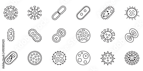 Line Art Virus and Bacteria Icons for Medical and Scientific Research