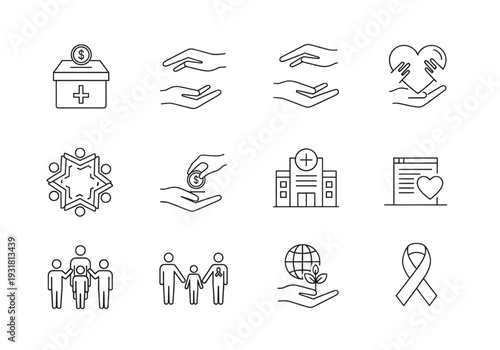 Community support and volunteering line icons for social impact