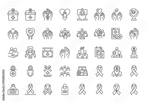 Charity icon collection including donation boxes and heart symbols