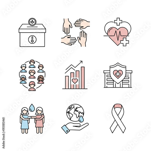 Community support and volunteering line icons for social impact