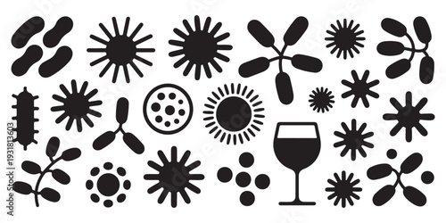 Collection of stylized bacteria, virus, and microorganism icons in flat black silhouette, with a wine glass.