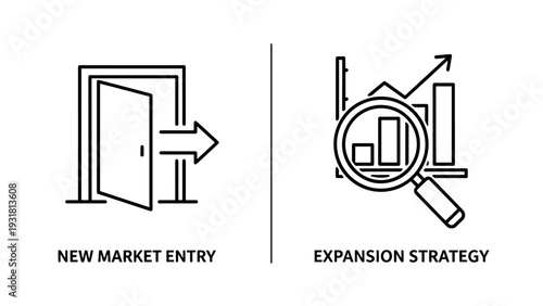 New market entry and expansion strategy with open door and magnifying glass on graph icons.