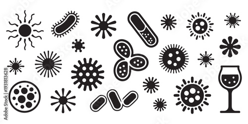 Set of diverse bacteria, virus, and microorganism icons in flat black silhouette style, including a wine glass.