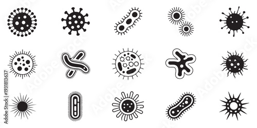 Microscopic Pathogen and Germ Icon Set in Black Silhouette Style