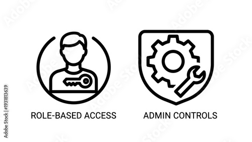 Role-based access and admin controls icons with user key and gear wrench shield symbols.