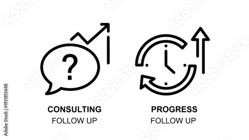 Consulting and progress follow up with question bubble, graph, clock, and arrow icons.