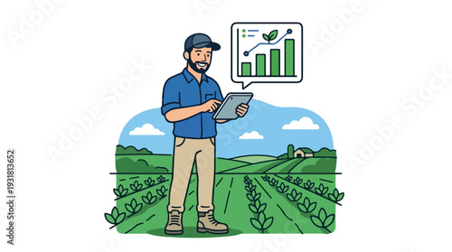 Illustration of a farmer standing in a field, looking at a tablet with a graph and chart displayed above, conveying a sense of agricultural productivity and data analysis in a rural