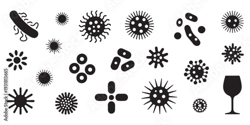 Set of Microbe and Bacteria Icons with Wine Glass Silhouette