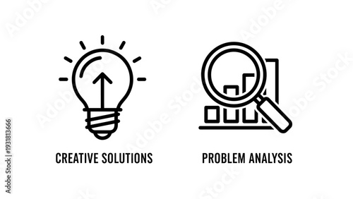 Creative solutions and problem analysis with lightbulb and magnifying glass on chart icons.