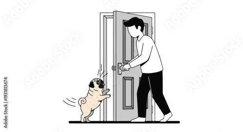 A playful man opening a door to let a joyful pug puppy enter, with a reunion scene unfolding in a simple line drawing style against a clean white background.