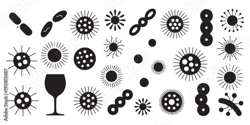 Diverse Bacteria and Virus Silhouette Icons with Wine Glass Symbol