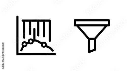 Icons representing a declining performance graph and a funnel, symbolizing data analysis, filtering, and downward trends in black and white outline style.