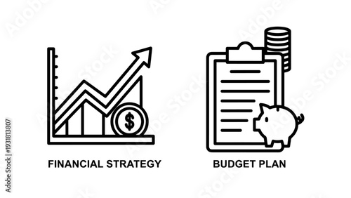 Financial strategy icon with upward trend graph and coin, alongside budget plan icon with clipboard, piggy bank, and coins.