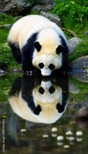 Giant panda drinking from serene pond with reflection