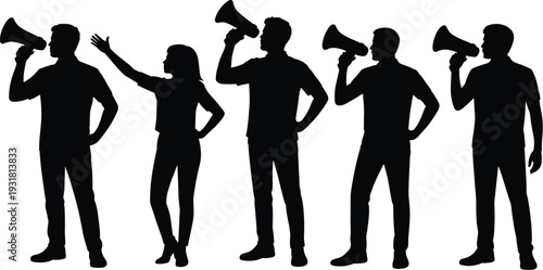 People silhouettes shouting with megaphones, men and woman announcing protest marketing 