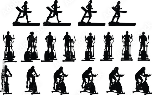 Gym workout silhouettes collection, treadmill running cycling and elliptical trainer fitness exercise vector illustration isolated set