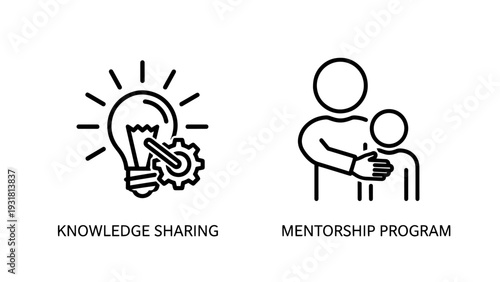 Lightbulb with gears icon for knowledge sharing, and adult and child silhouette icon representing mentorship program.