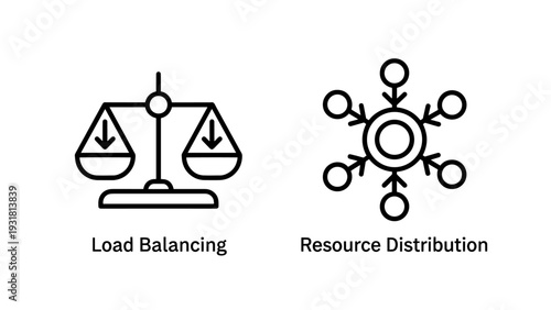Scales icon showing imbalance for load balancing, and snowflake-like icon representing resource distribution.