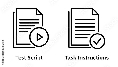 Document icon with play button for test script, and document with checkmark for task instructions.