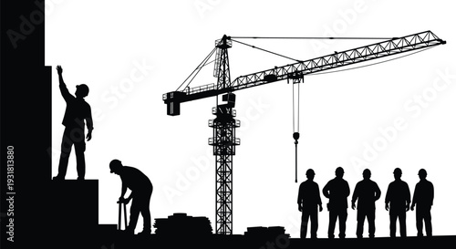 Construction site workers silhouette with tower crane, industrial building teamwork and heavy machinery vector illustration isolated background