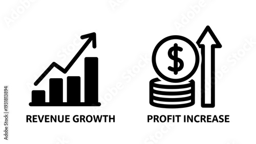 Business growth icons: revenue increase and profit boost with upward charts and coins, representing financial success and investment strategy