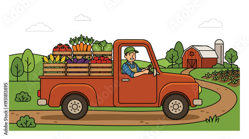 A cartoon farmer driving an orange pickup truck loaded with fresh produce on a winding road through a green countryside with a barn and silo in the background.