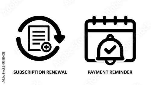 Subscription renewal icon with document and arrow, and payment reminder icon with calendar and bell.