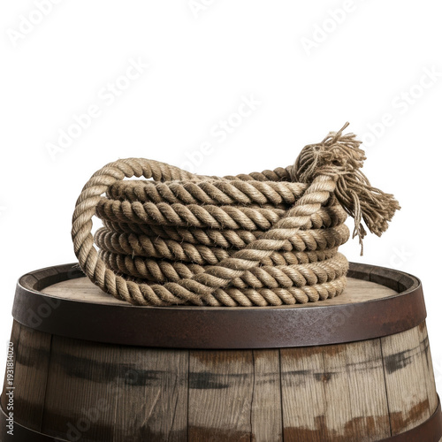 Rope coiled on top of a weathered wooden barrel
