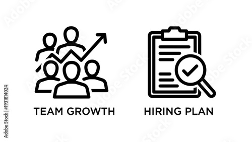 Team Growth and Hiring Plan Icons: Group of People with Upward Arrow and Clipboard with Magnifying Glass