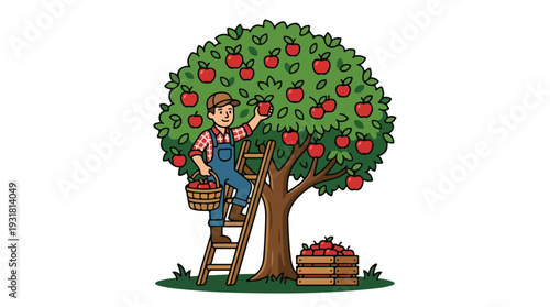 Cartoon farmer picking apples from a tree with a basket and ladder on a green grassy field.