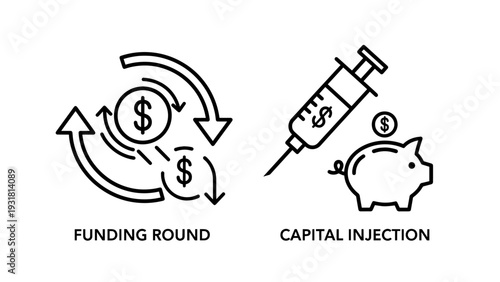 Funding round and capital injection concepts, icons showing money exchange and piggy bank with syringe