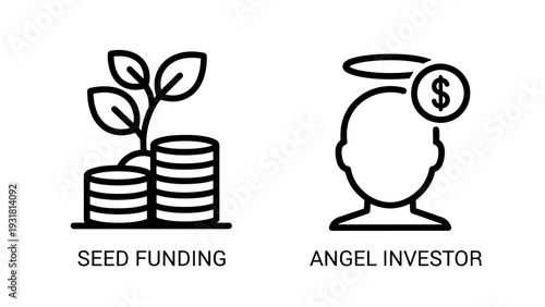 Seed funding and angel investor concepts, icons with money coins, plant, and haloed head