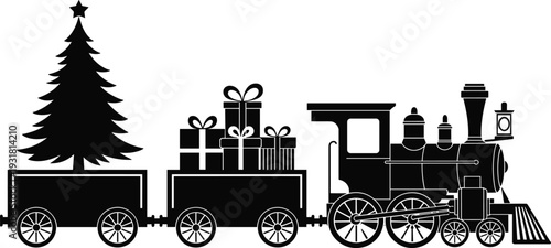 Festive Christmas train silhouette with gifts and decorated tree, vintage steam locomotive holiday design, seasonal celebration illustration