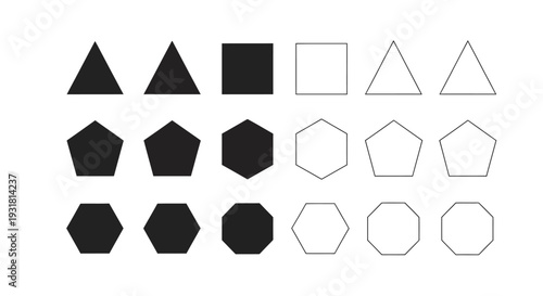 A colorful set of geometric shapes and figures including triangles, squares, circles, and polygons in a modern 3D vector design style for web and business use