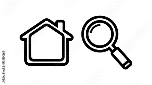 House search and magnifying glass icons in outline style representing real estate and property investigation